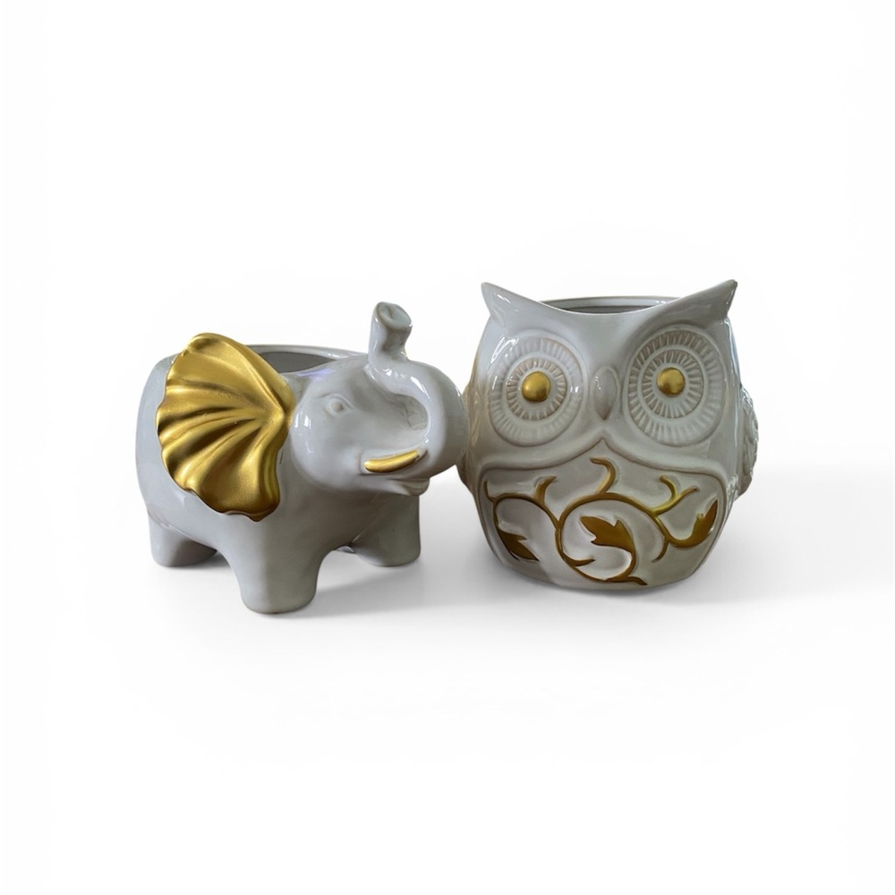 Gold and White Elephant and Owl Ceramic pots
